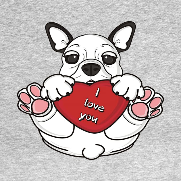 Little Puppy of french bulldog hold in paws a red heart with inscription i love you by amramna